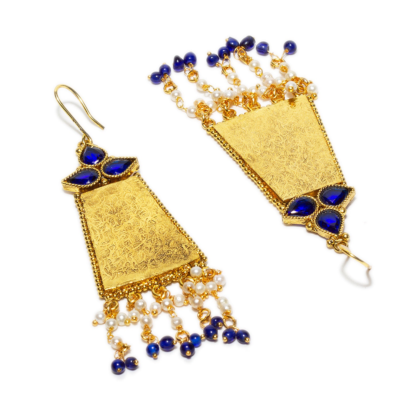 bindhani gold plated blue white pearl and blue stone fish hook earwire tassel earrings for women and girls