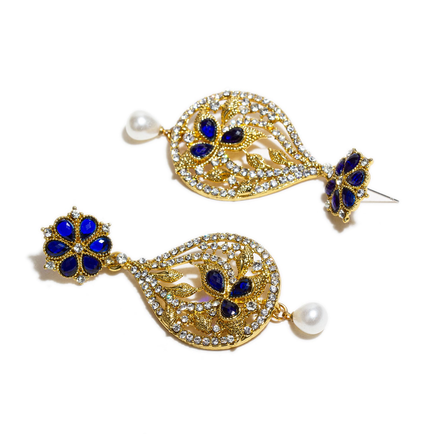 bindhani gold plated blue white stone pearl drop earrings for women