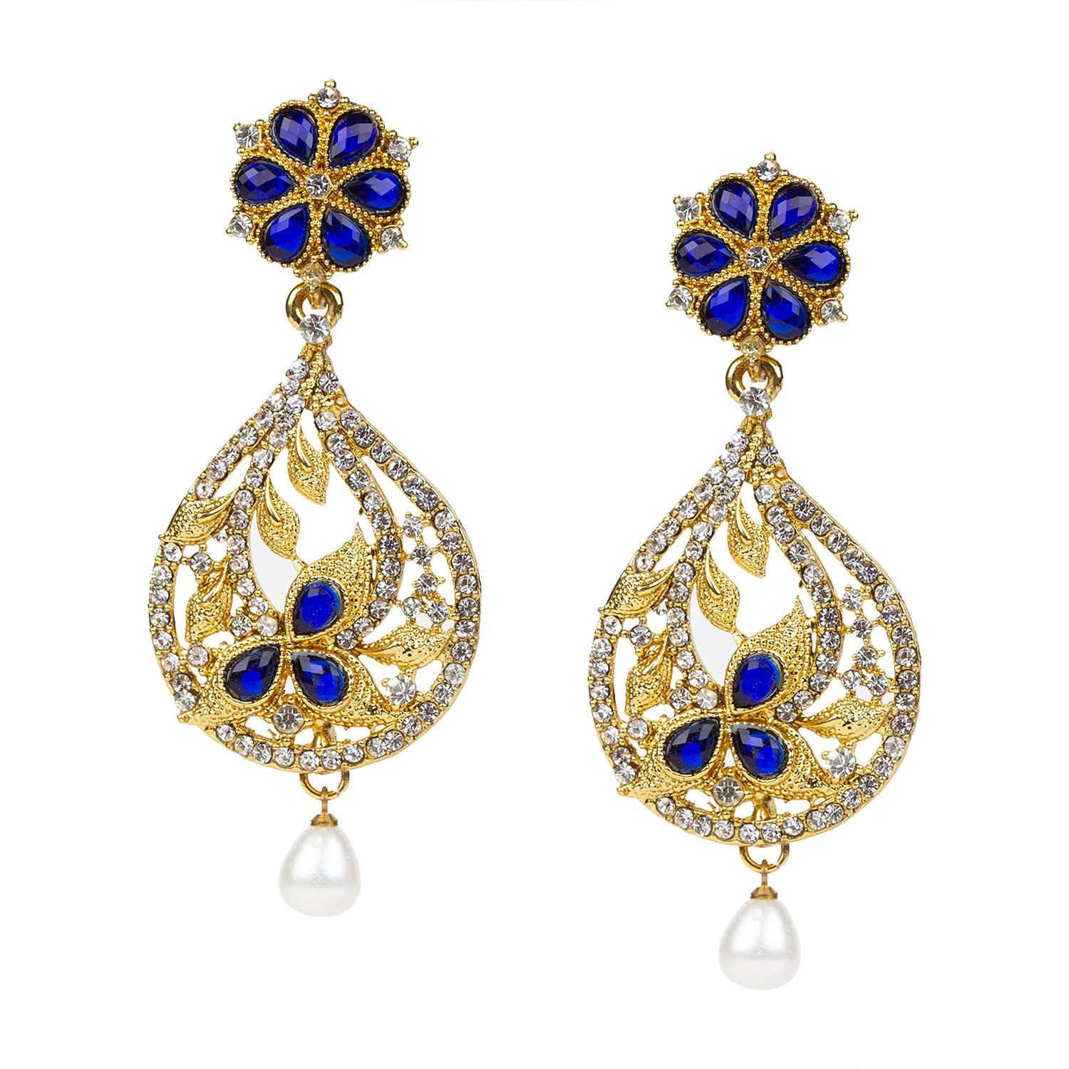 bindhani gold plated blue white stone pearl drop earrings for women