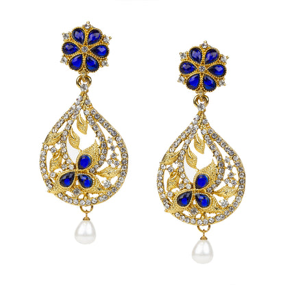 bindhani gold plated blue white stone pearl drop earrings for women