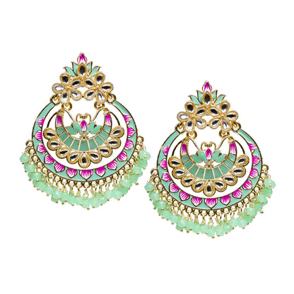 bindhani gold plated cyan green beads kundan stone meeanakari chandball earrings for women girls