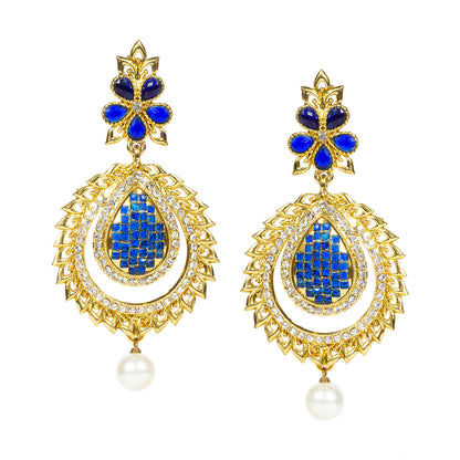 bindhani gold plated drop pearl white blue stone dangle drop earrings for women and girls