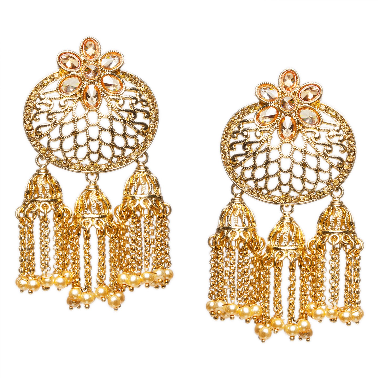 Bindhani gold plated drop pearls Golden stone Jhumka earrings secured with post back closure for women