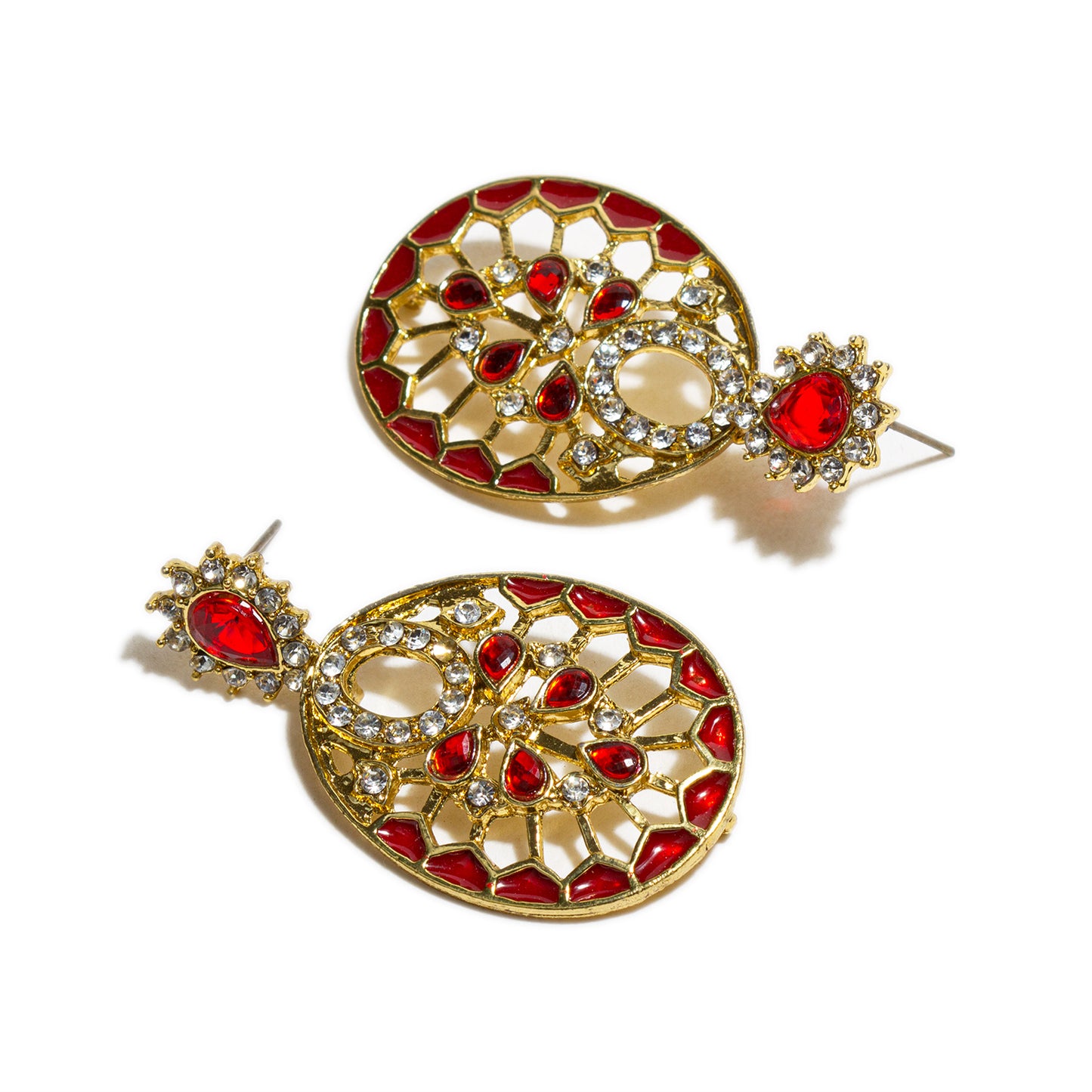 bindhani gold plated enamel work red white stone dangle earrings for women