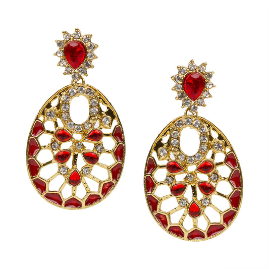 bindhani gold plated enamel work red white stone dangle earrings for women