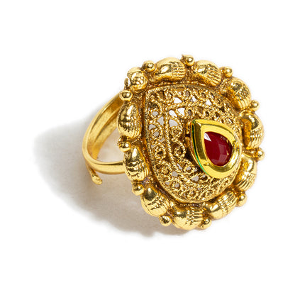 bindhani gold plated finger ring red kundan stone adjustable finger ring for women and girls