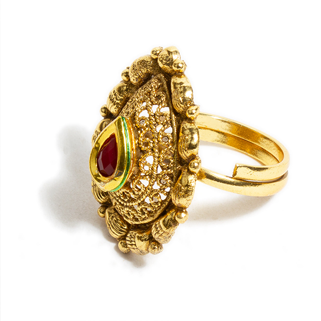 bindhani gold plated finger ring red kundan stone adjustable finger ring for women