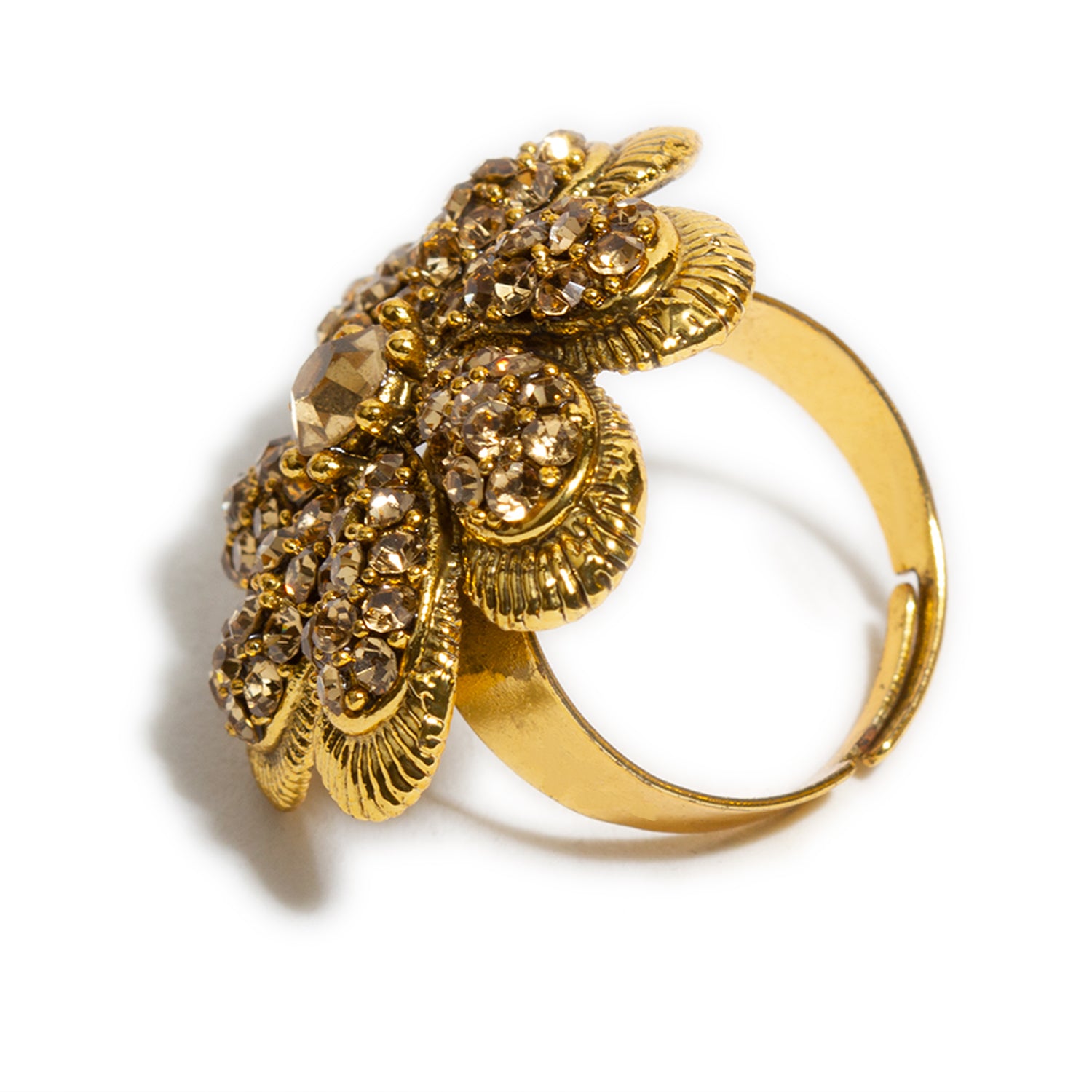 bindhani gold plated flower shaped golden stone adjustable finger ring for women and girls