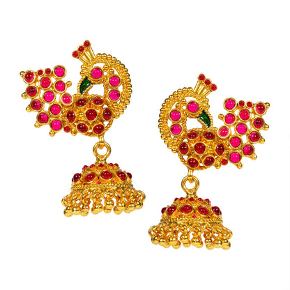 bindhani gold plated gold beads red stone peacock jhumkai earrings for women and girls