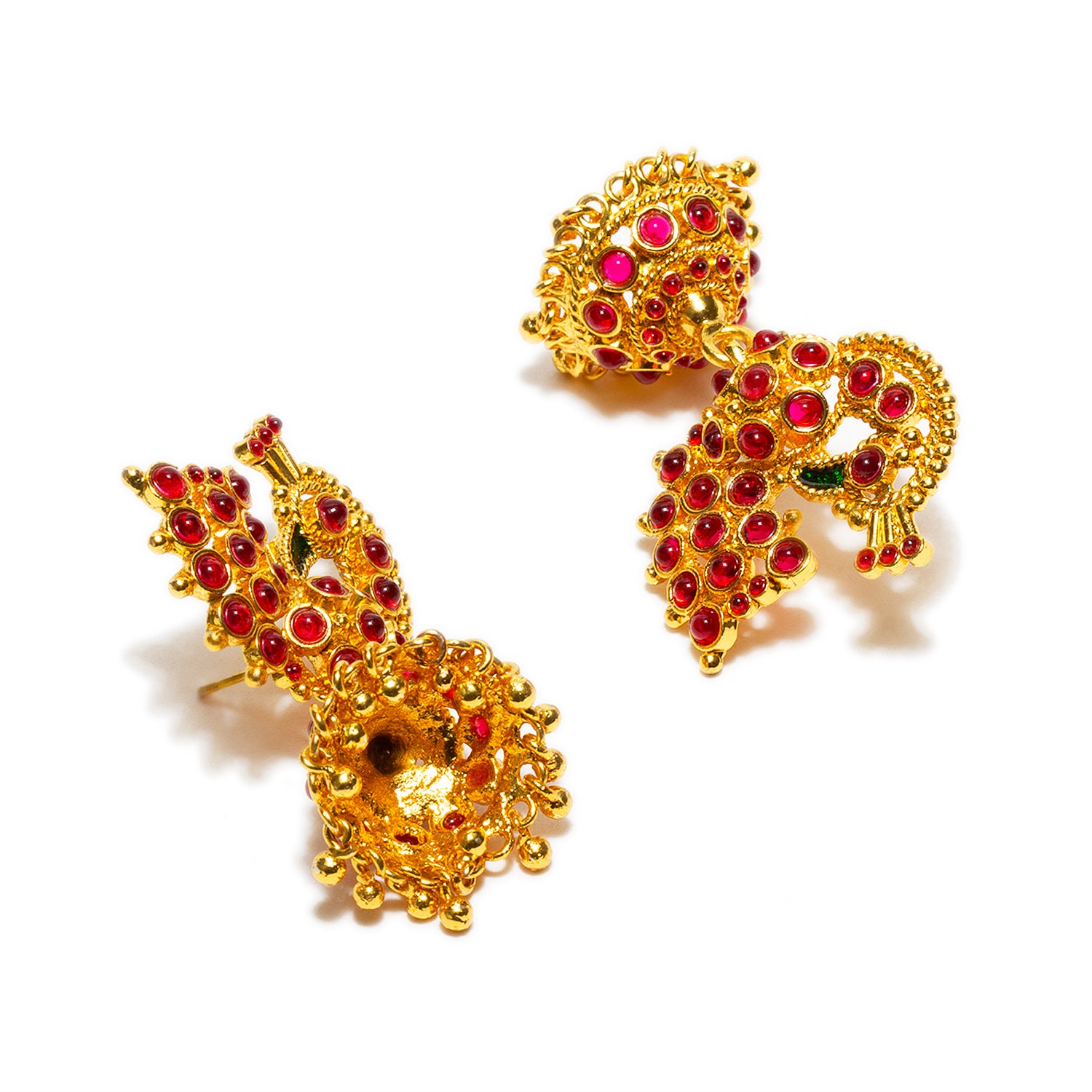 bindhani gold plated gold beads red stone peacock jhumkai earrings for women and girls