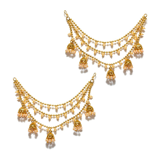 bindhani gold plated golden beads earrings side ear chain bahubali jhumka for women girls