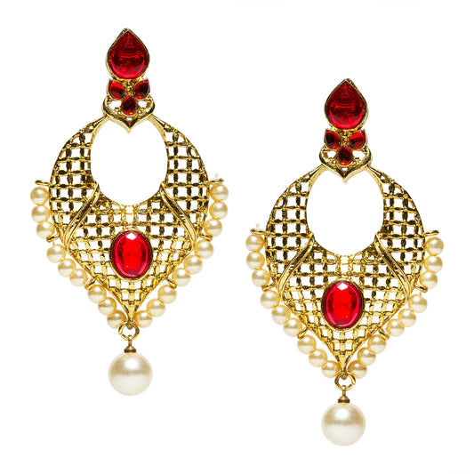 bindhani gold plated golden drop red stone and beads dangle earrings for women and girls