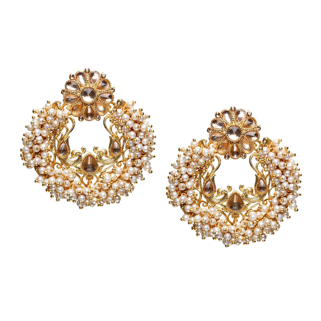 bindhani gold plated golden kundan stone cluster pearl chandbali earrings for women girls