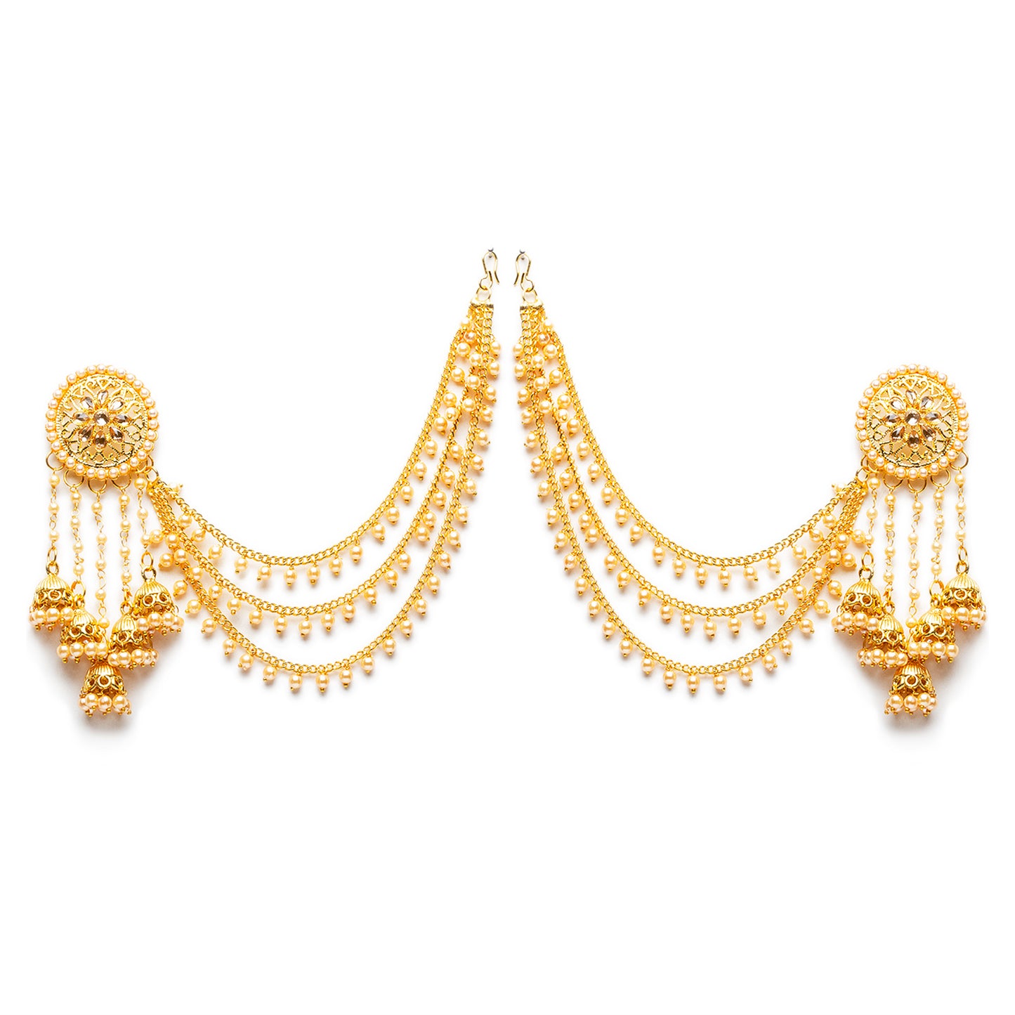 bindhani gold plated long faux pearl drop golden stone jhumki head chain bahubali earrings for women and girls