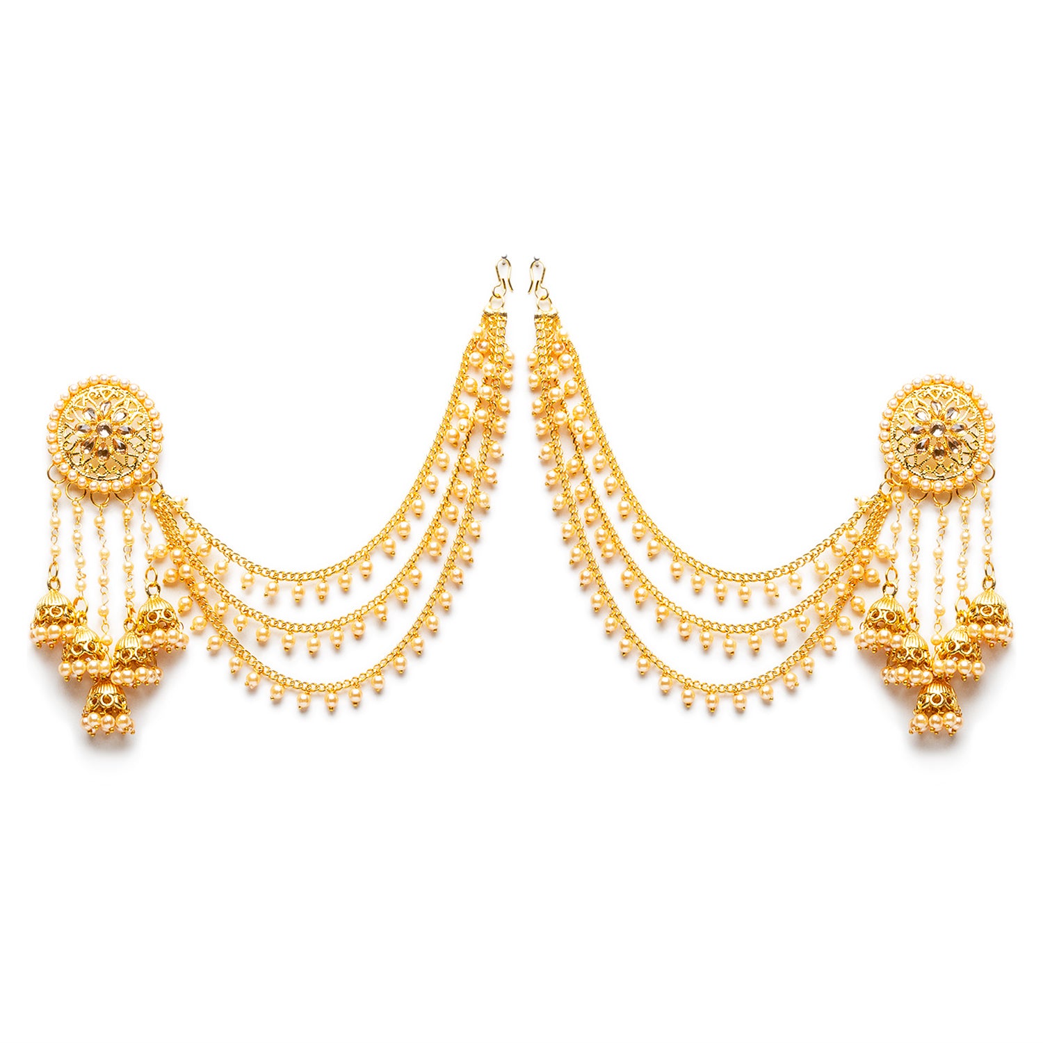 bindhani gold plated long faux pearl drop golden stone jhumki head chain bahubali earrings for women and girls