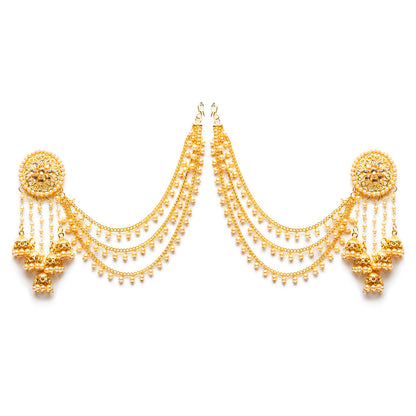 bindhani gold plated long faux pearl drop golden stone jhumki head chain bahubali earrings for women and girls