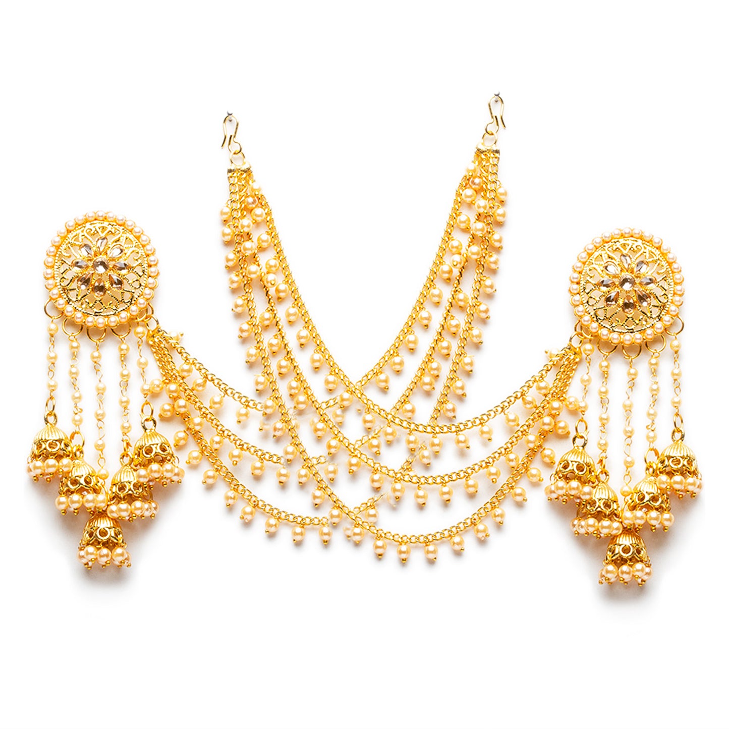 bindhani gold plated long faux pearl drop golden stone jhumki head chain bahubali earrings for women and girls