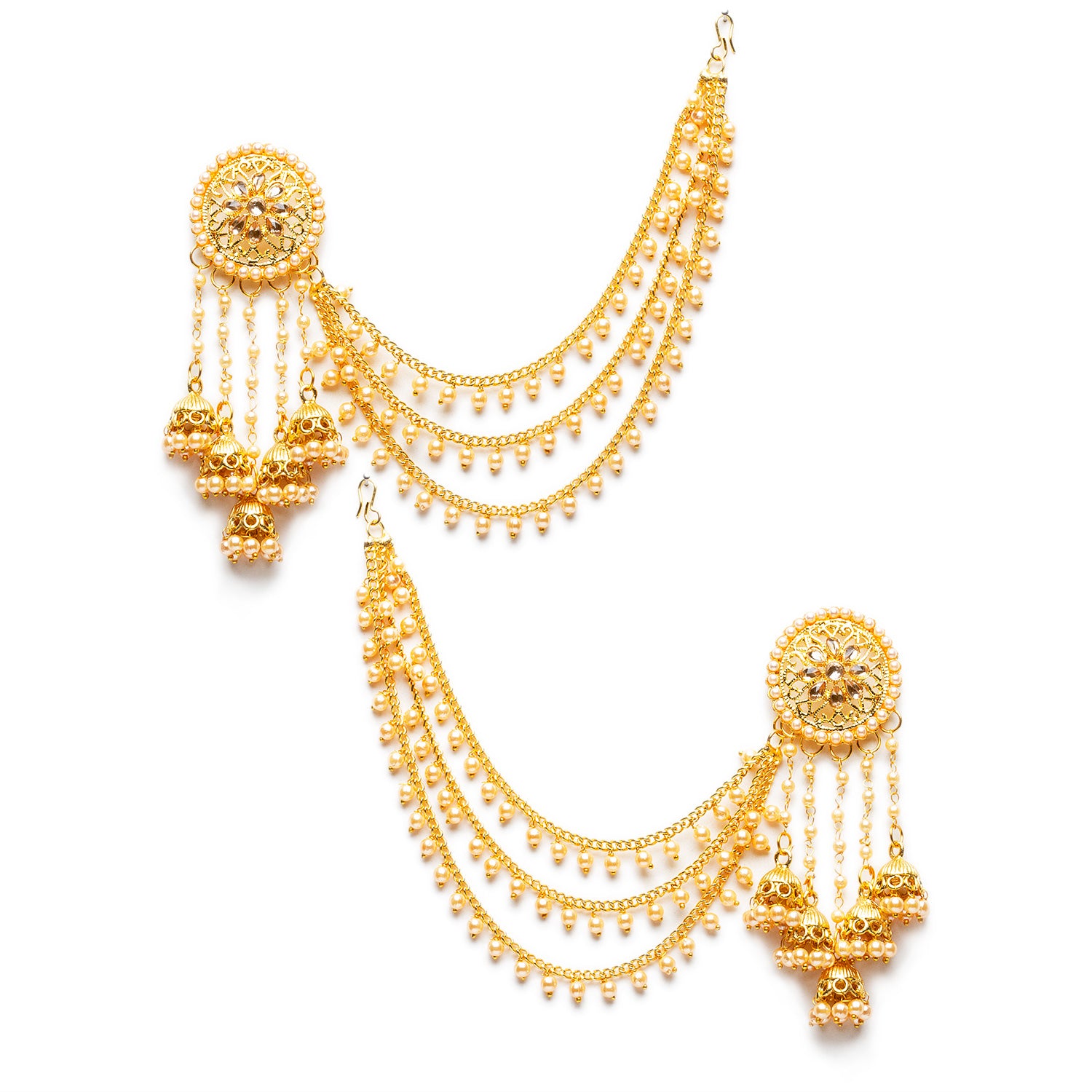 bindhani gold plated long faux pearl drop golden stone jhumki head chain bahubali earrings for women and girls