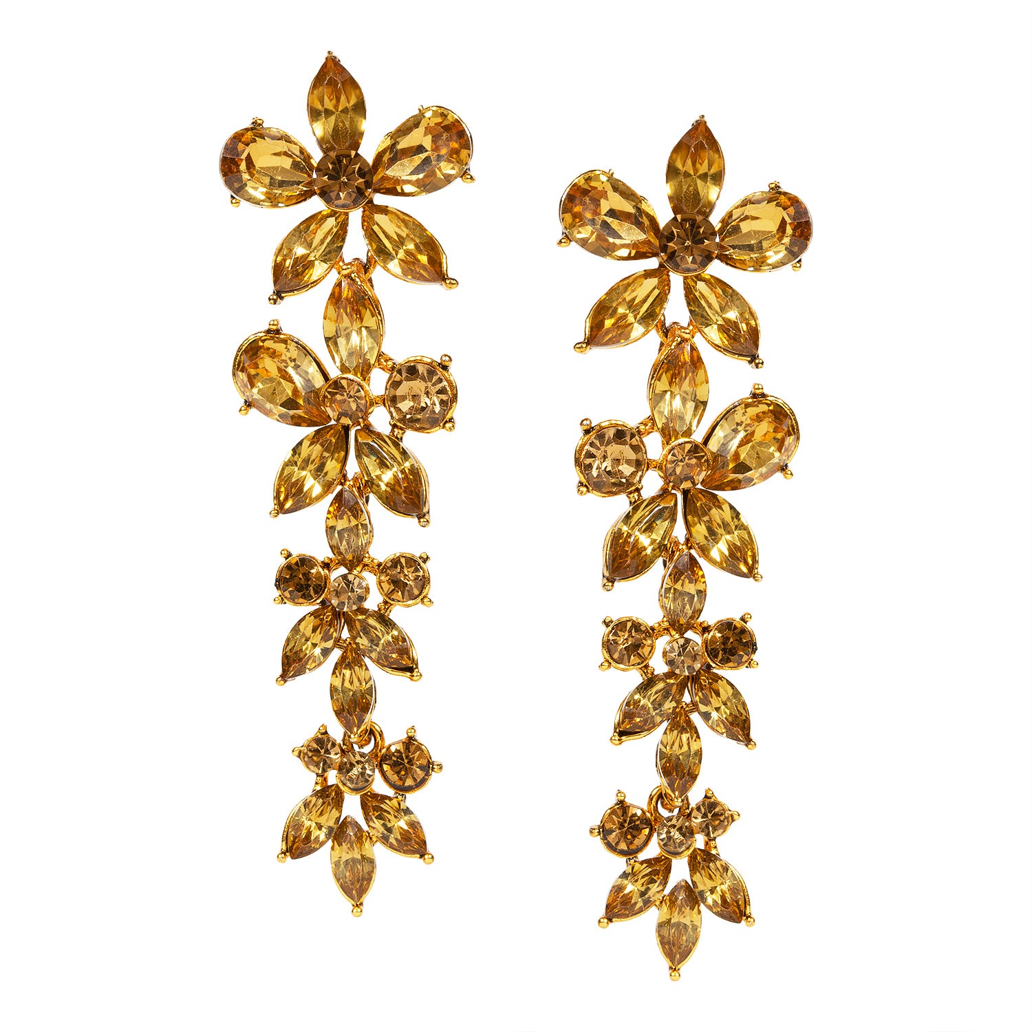 bindhani gold plated golden stone flower shape four step long golden stone earrings for women and girls