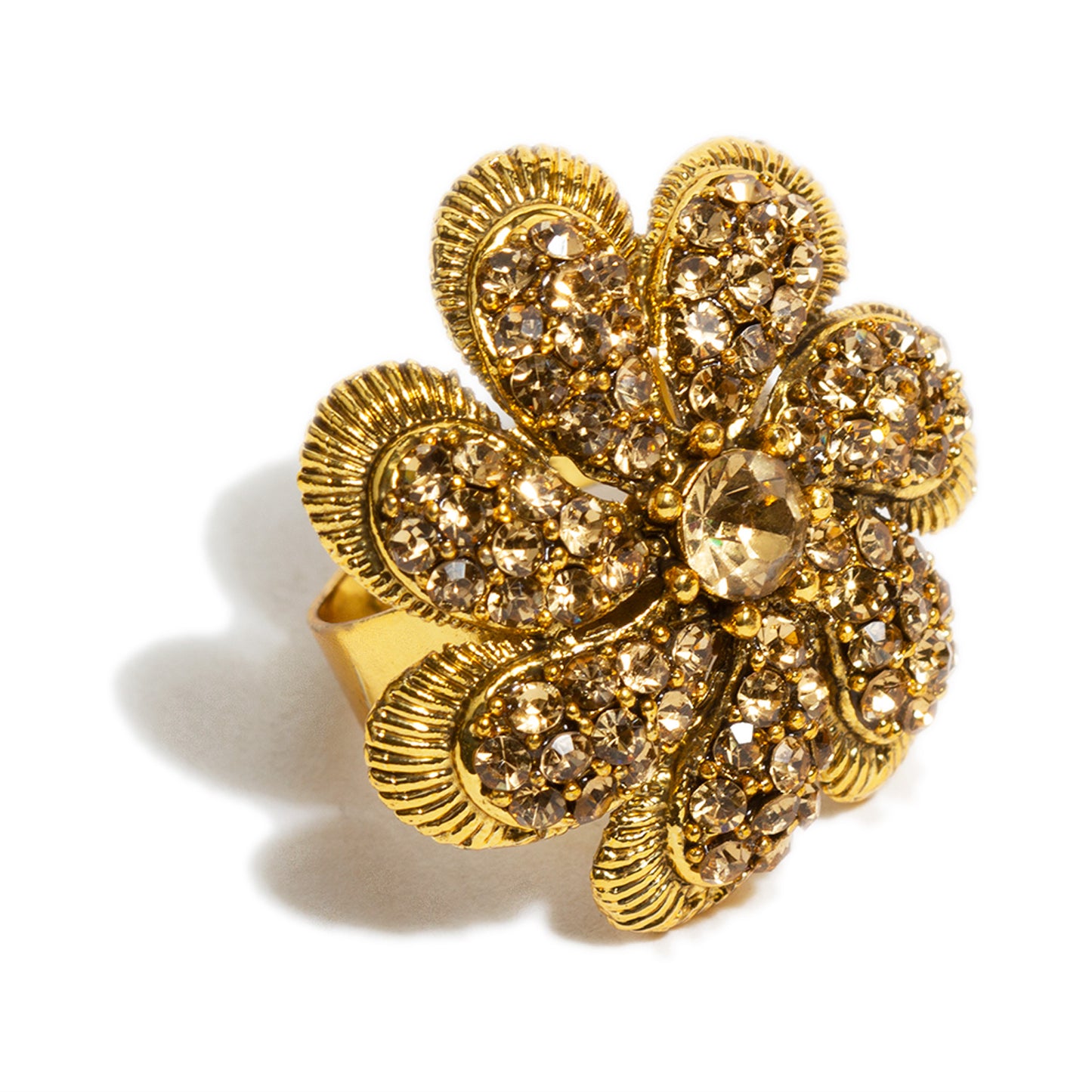 bindhani gold plated flower shaped golden stone adjustable finger ring for women and girls