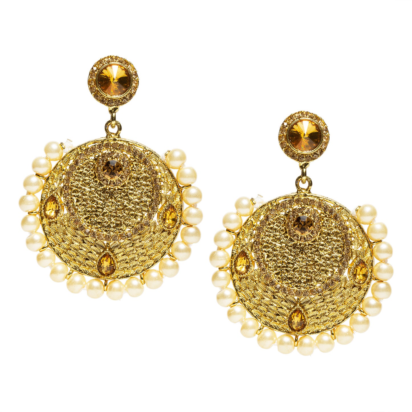 bindhani gold plated golden stone white pearls circle shaped dangle earrings for women and girls