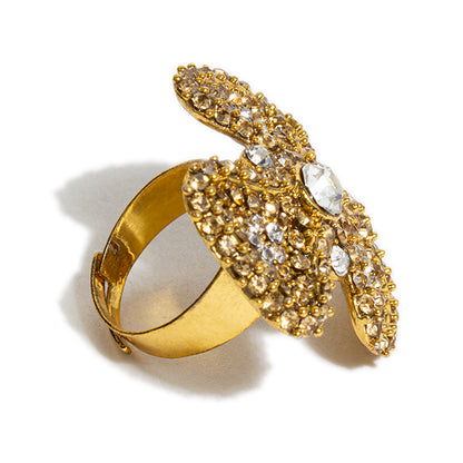 bindhani gold plated gorgeous flower shaped golden white stone adjustable finger ring for women and girls