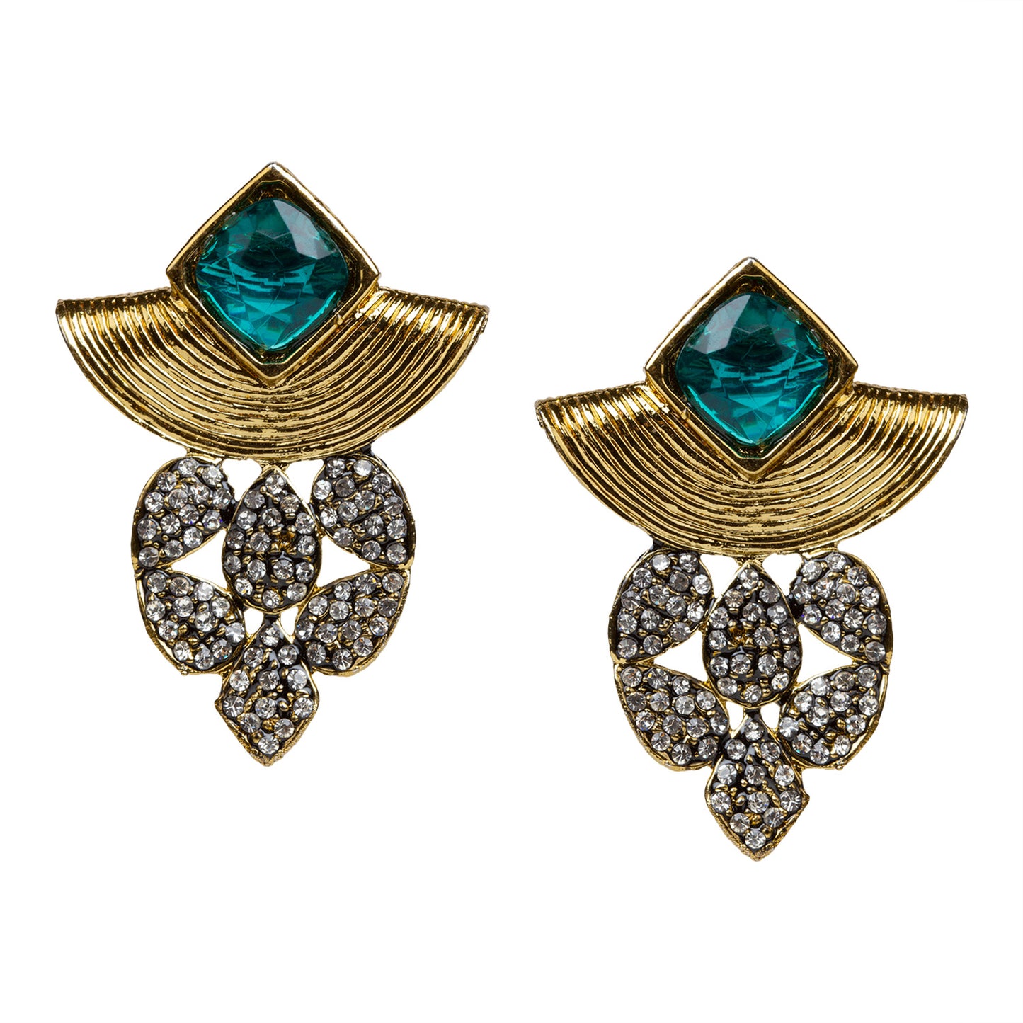 bindhani gold plated green and white stone earrings for women