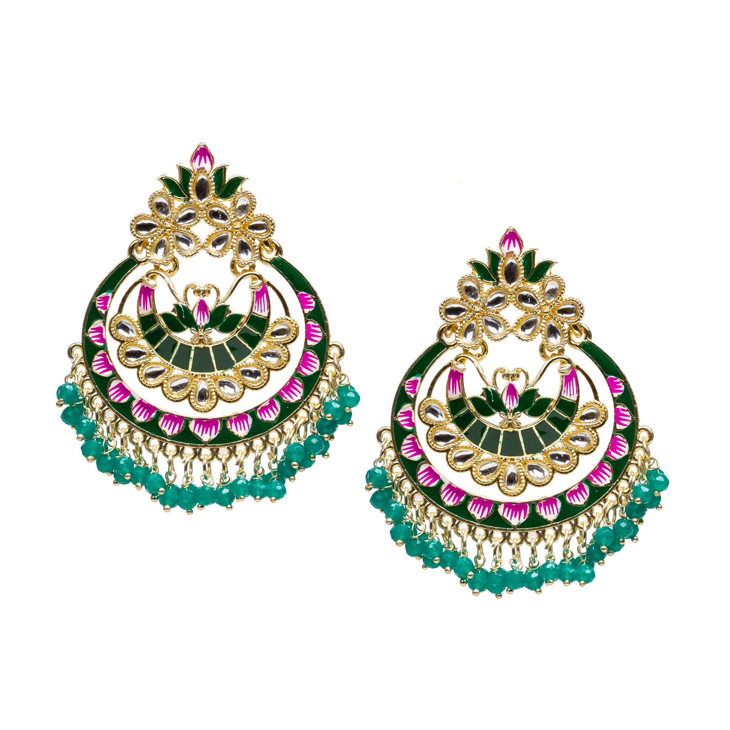 bindhani gold plated green beads kundan stone meeanakari chandball earrings for women girls