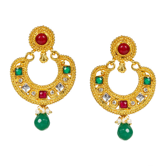 bindhani gold plated green drop and red green white stone chandbali earrings for women and girls