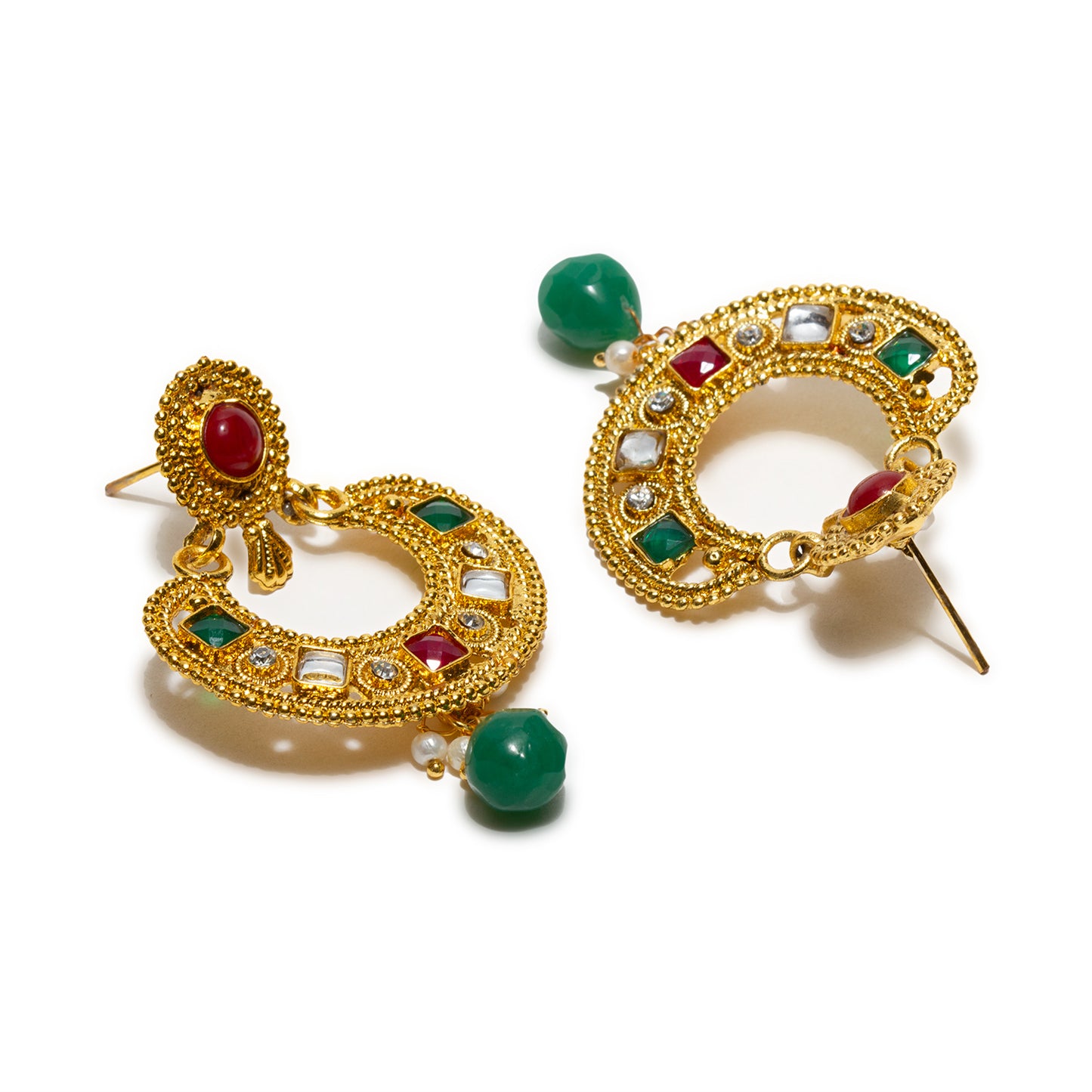 bindhani gold plated green drop and red green white stone chandbali earrings for women and girls