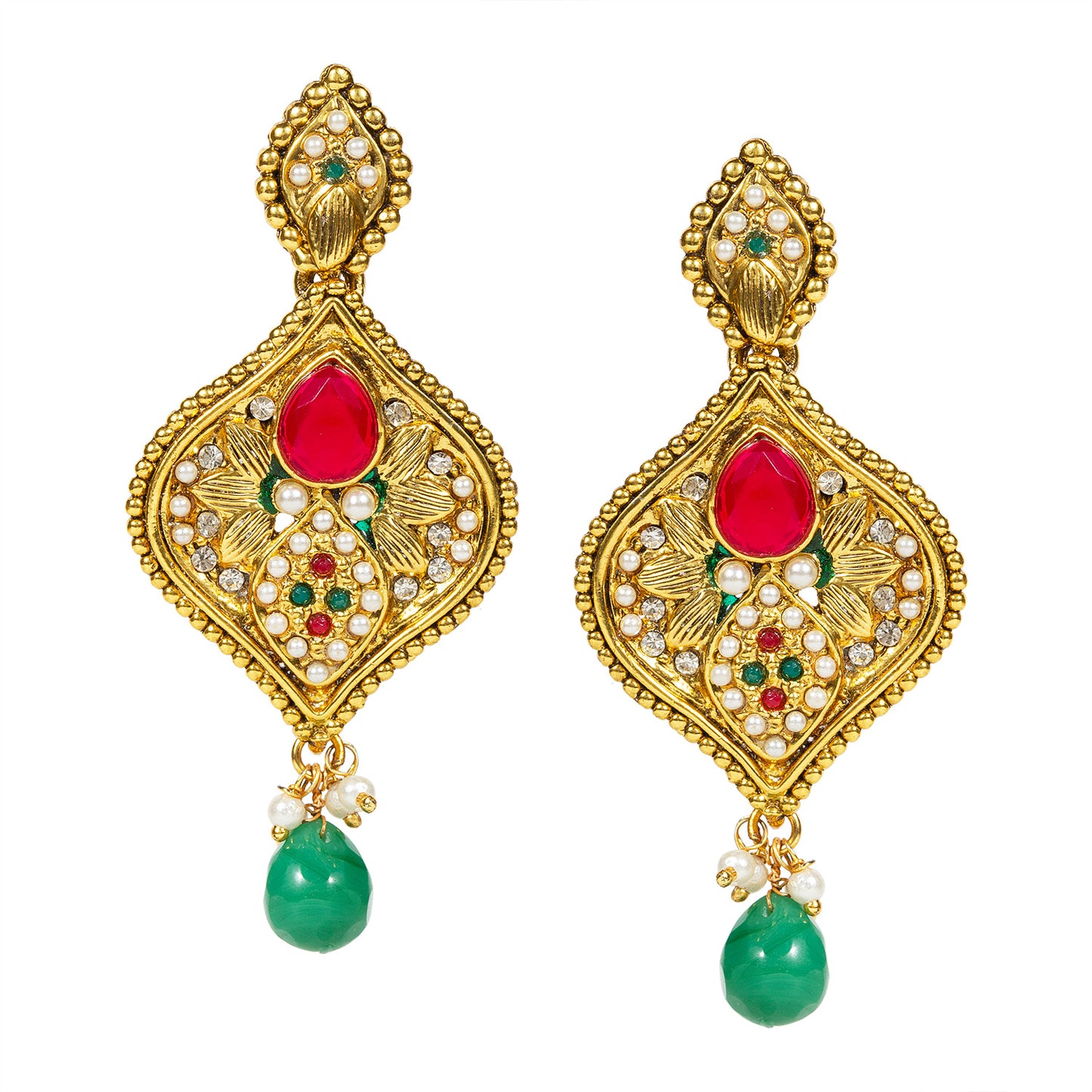 bindhani gold plated green drop beads red green white stone earrings for women and girls