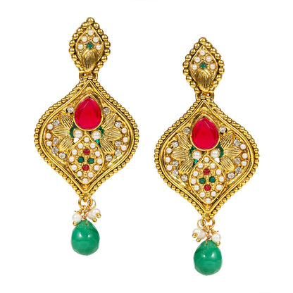 bindhani gold plated green drop beads red green white stone earrings for women and girls