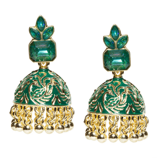 Bindhani gold-plated green enamel jhumka earrings for women featuring square green stone stud, floral top design, intricate peacock detailing on dome-shaped jhumki, and gold bead drop accents on a white background.