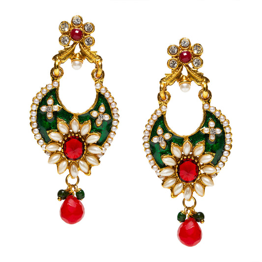 bindhani gold plated green meenakari red drop green and white beads and red white stone dangle earrings for women and girls