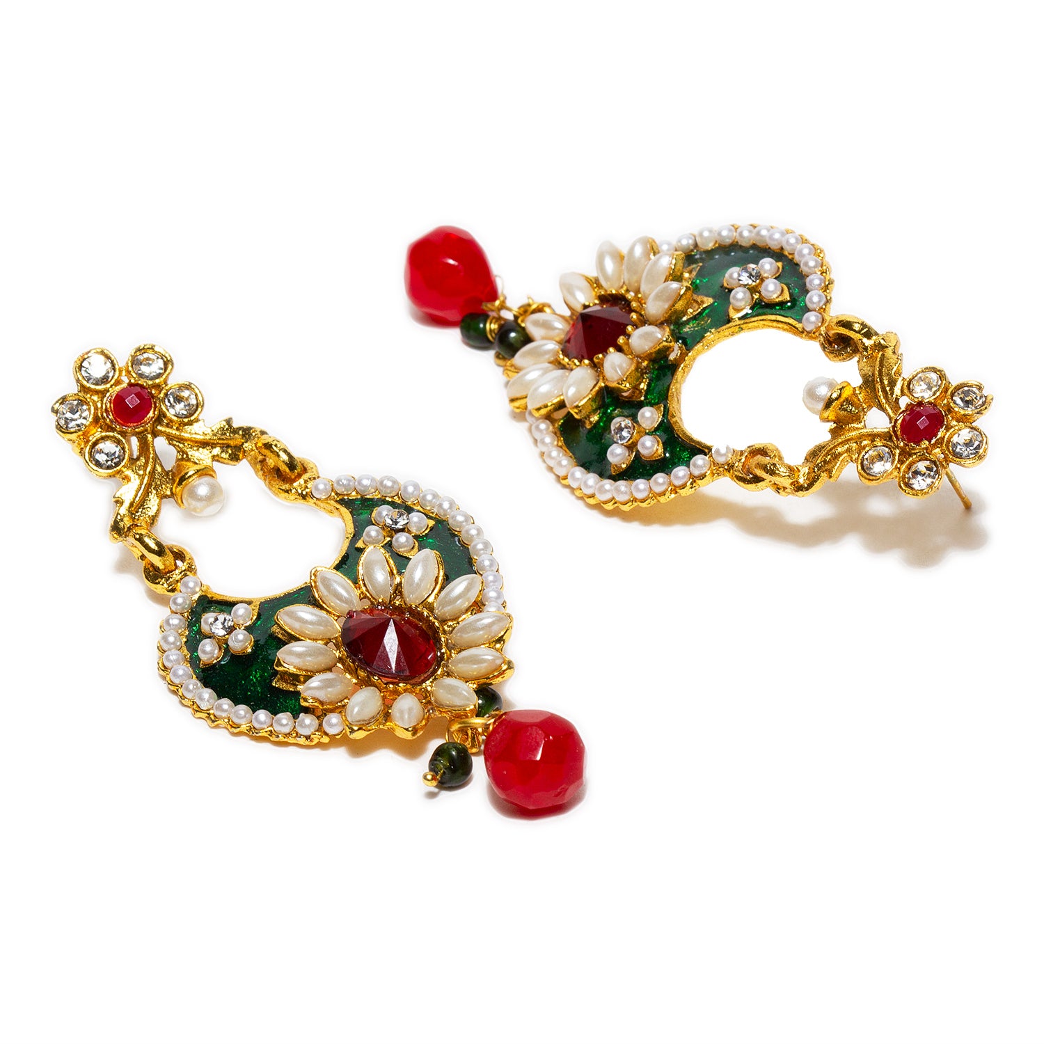 bindhani gold plated green meenakari red drop green and white beads and red white stone dangle earrings for women and girls