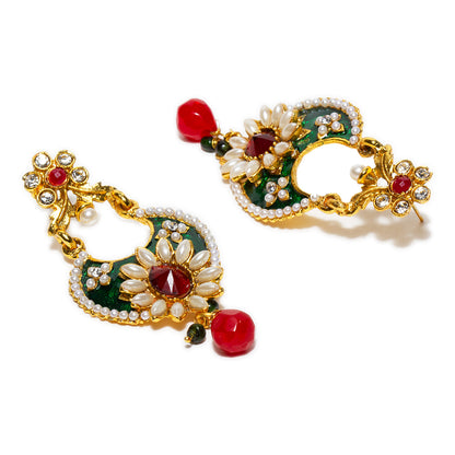 bindhani gold plated green meenakari red drop green and white beads and red white stone dangle earrings for women and girls