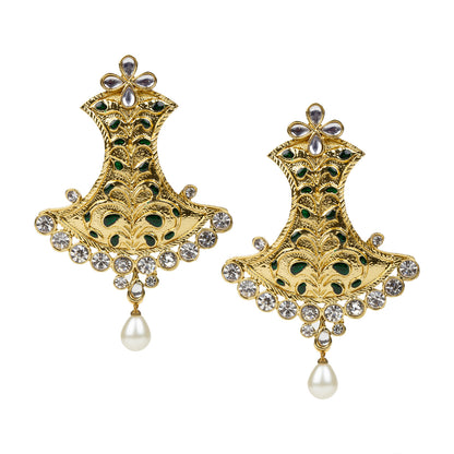 bindhani gold plated green meenakari work white stone pearl drop earrings women girls