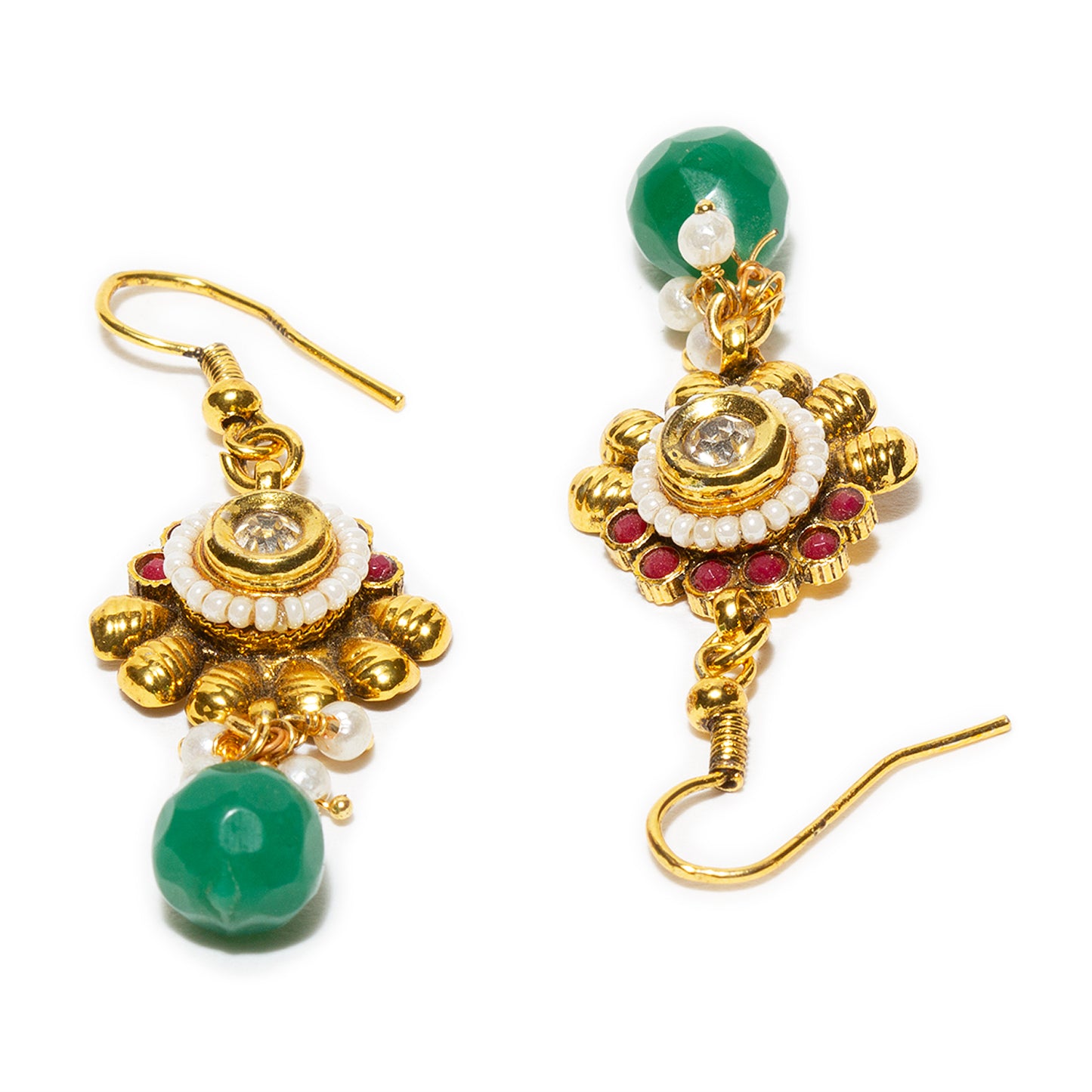 bindhani gold plated green pearl drop beads white kundan stone fish hook earrings for women and girls