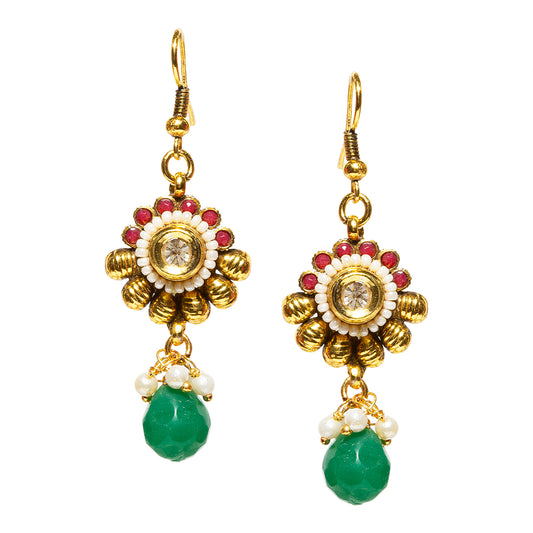 bindhani gold plated green pearl drop beads white kundan stone fish hook earrings for women and girls