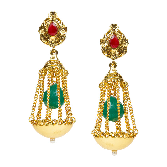 bindhani gold plated green pearl drop red stone jhumaka earring for women girls