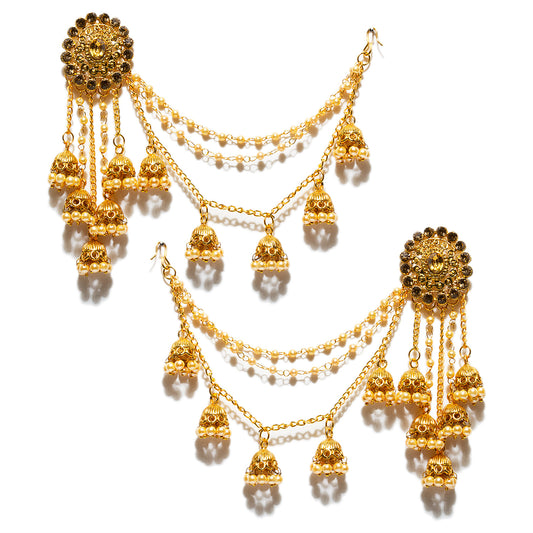bindhani gold plated jhumkai beads golden stone head chain bahubali earrings for women and girls