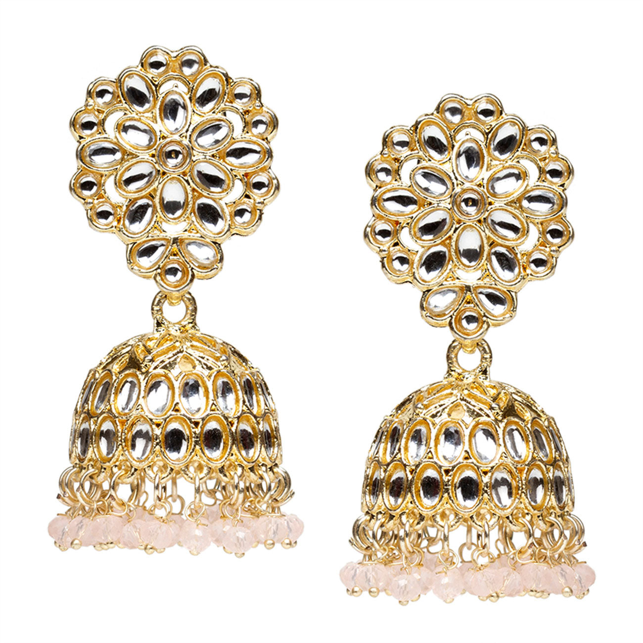 bindhani gold plated kundan light baby pink drop jhumka earrings for women girls