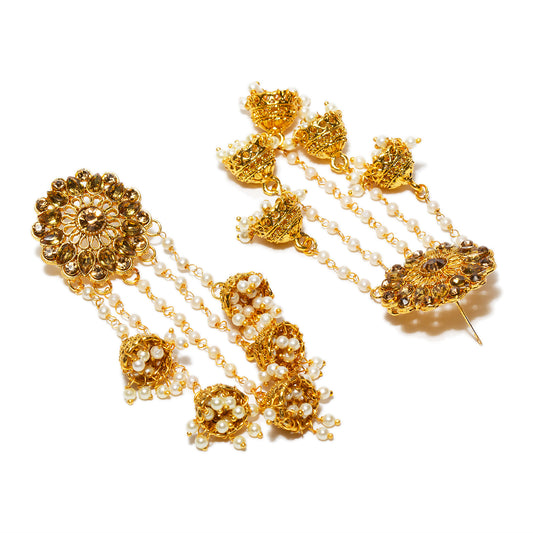 golden earring with pearl string and jhumki on white background