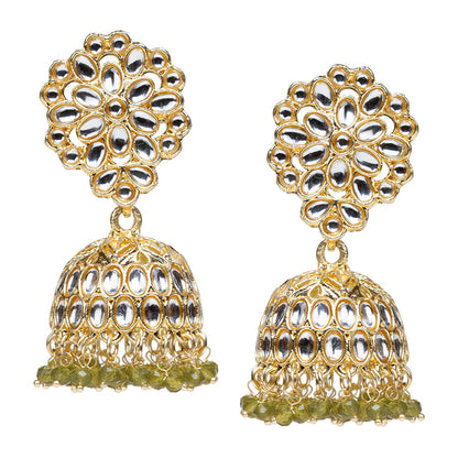 bindhani gold plated kundan mehandi green drop jhumka earrings for women girls