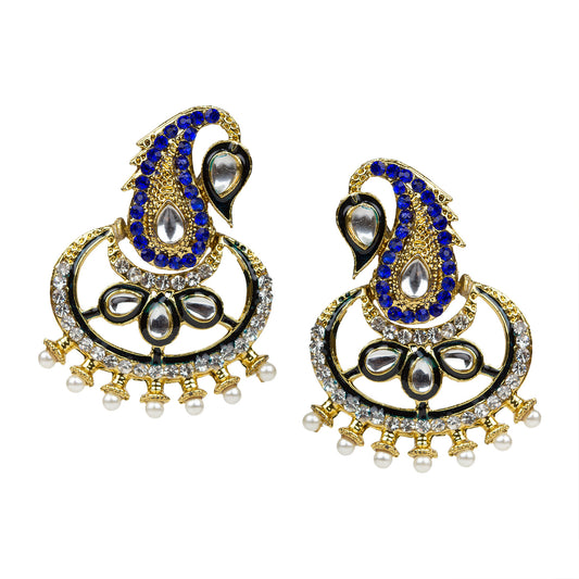 bindhani gold plated kundan pearls drop white blue stone meenakari earrings for women girls