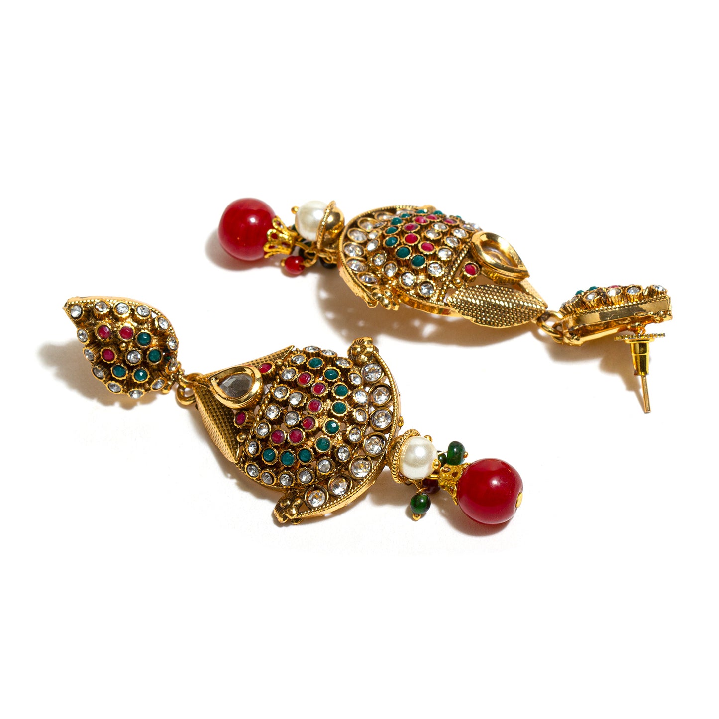 bindhani gold plated kundan red green stone pearl drop earrings for women