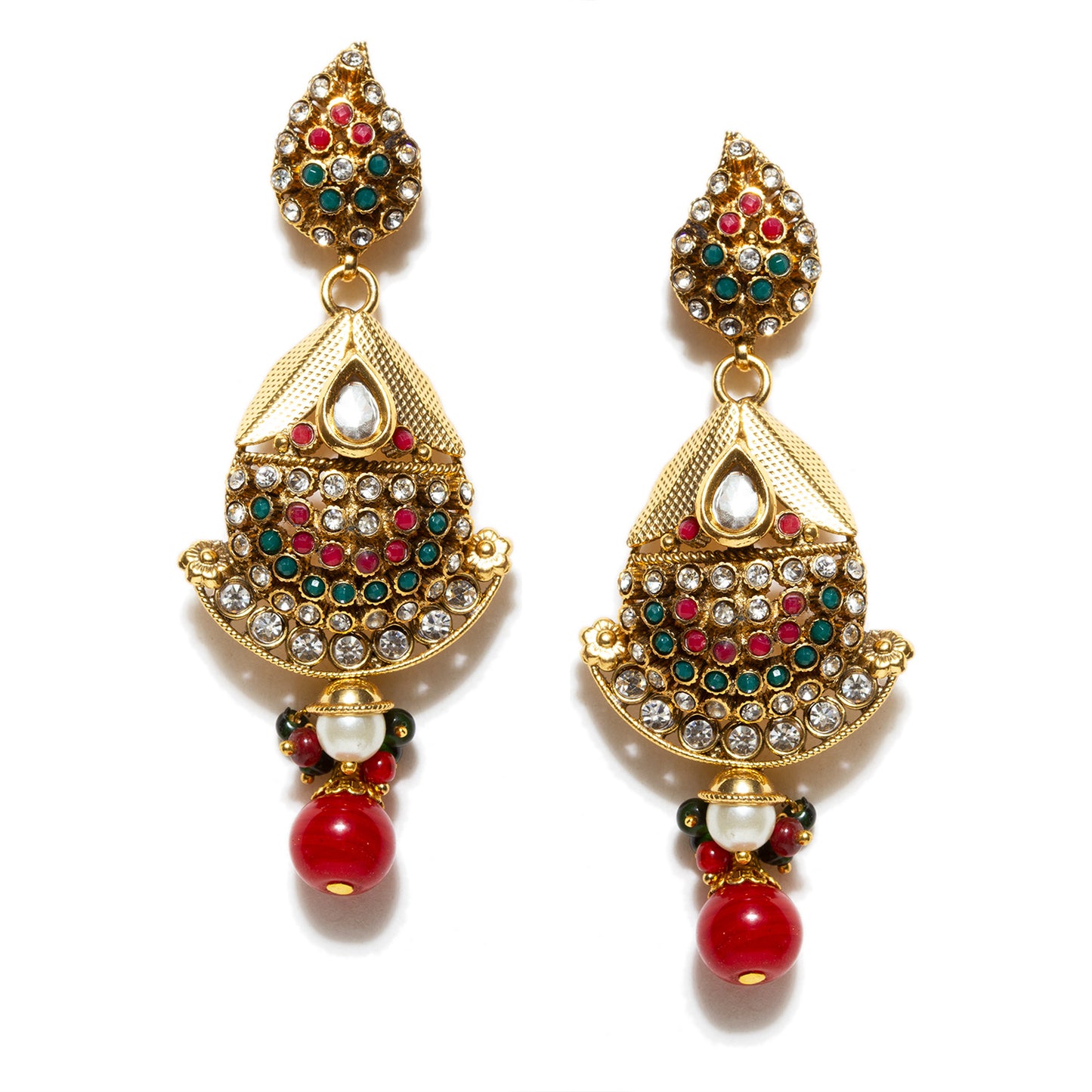 bindhani gold plated kundan red green stone pearl drop earrings for women