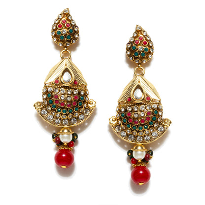 bindhani gold plated kundan red green stone pearl drop earrings for women