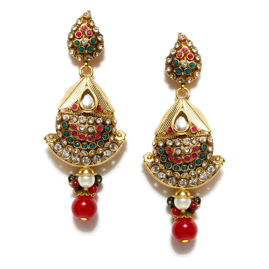 bindhani gold plated kundan red green stone pearl drop earrings for women