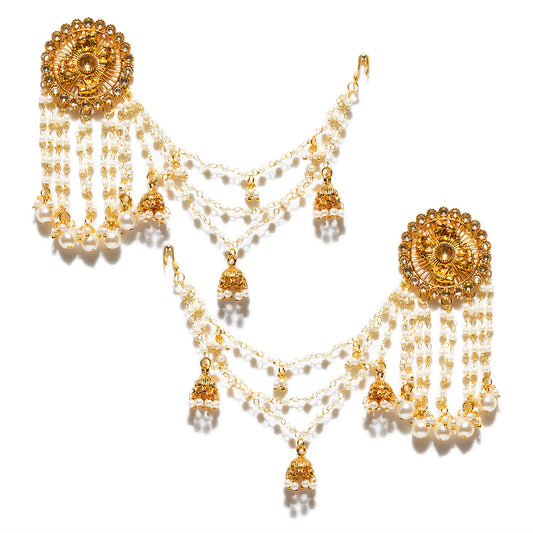 bindhani gold plated kundan stone beads jhumkai head chain bahubali earrings for women and girls